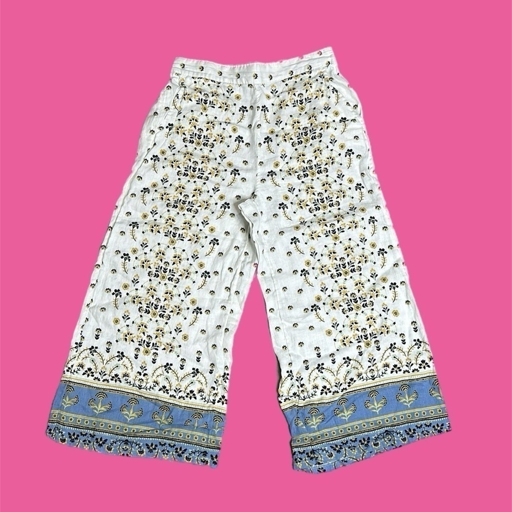 Joie Floral Print Linen Cropped Wide Leg Pull On Pants Multicolored Sz M